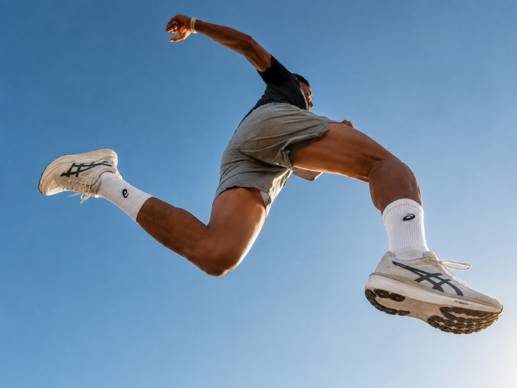 Läufer springt dynamisch vor blauem Himmel – Nahaufnahme der Laufschuhe