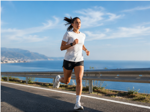 Läuferin in weißem Shirt läuft auf einer Küstenstraße mit Meeresblick – Laufplan Marathon