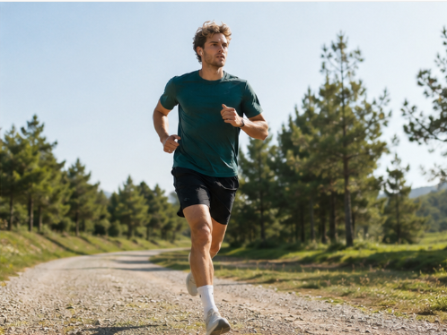 Läufer joggt auf einem Waldweg zwischen Kiefern – Laufplan 5 km