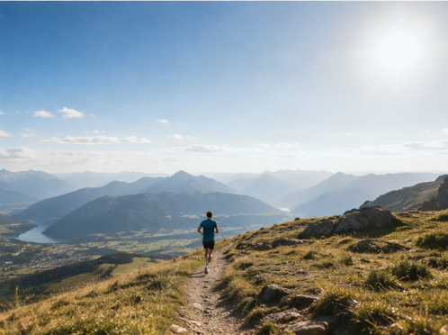 Einzelner Läufer von hinten auf einem Bergpfad mit Alpenpanorama – Laufplan Halbmarathon