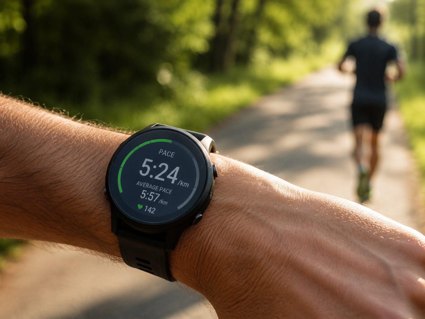 Pace Rechner – GPS-Laufuhr zeigt 5:24 min/km und Herzfrequenz 142