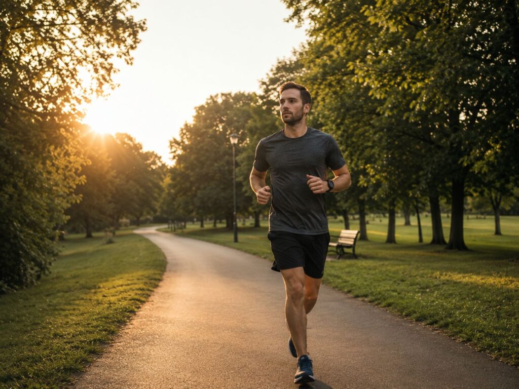 Laufplan 5 km -Läufer joggt bei Sonnenuntergang auf einem Parkweg zwischen Bäumen