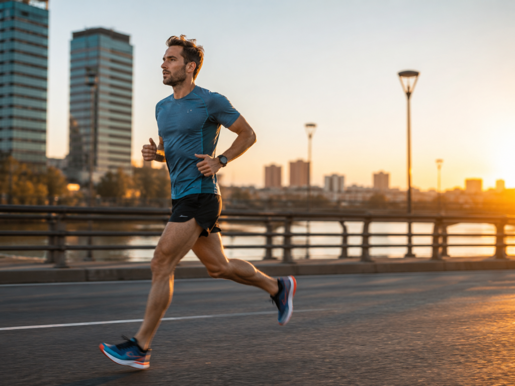 Laufplan 10 km – Läufer bei Sonnenuntergang auf Stadtbrücke