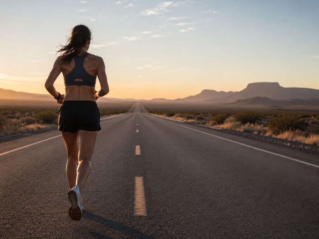 Marathon Laufplan -Läuferin von hinten auf einer leeren Straße in der Wüste bei Sonnenuntergang