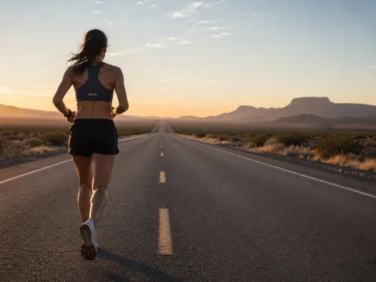 Marathon Laufplan -Läuferin von hinten auf einer leeren Straße in der Wüste bei Sonnenuntergang