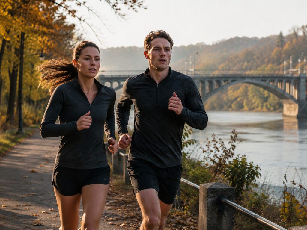 Laufplan Halbmarathon - Zwei Läufer laufen im Herbst an einem Fluss entlang mit Brücke im Hintergrund
