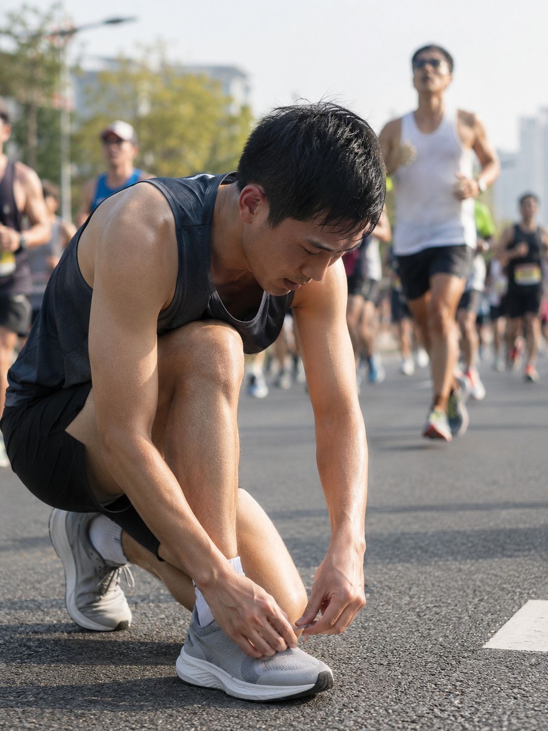 Läufer bindet Schuh beim Marathon mid-race, andere Läufer im Hintergrund