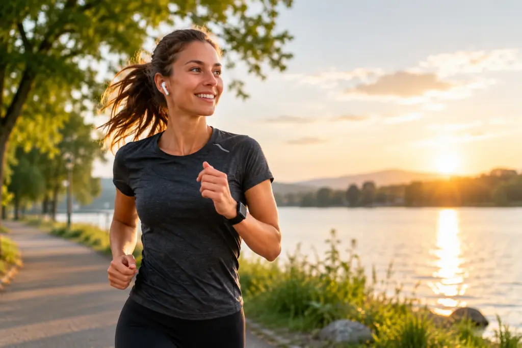 Joggerin läuft am sonnigen Seeufer