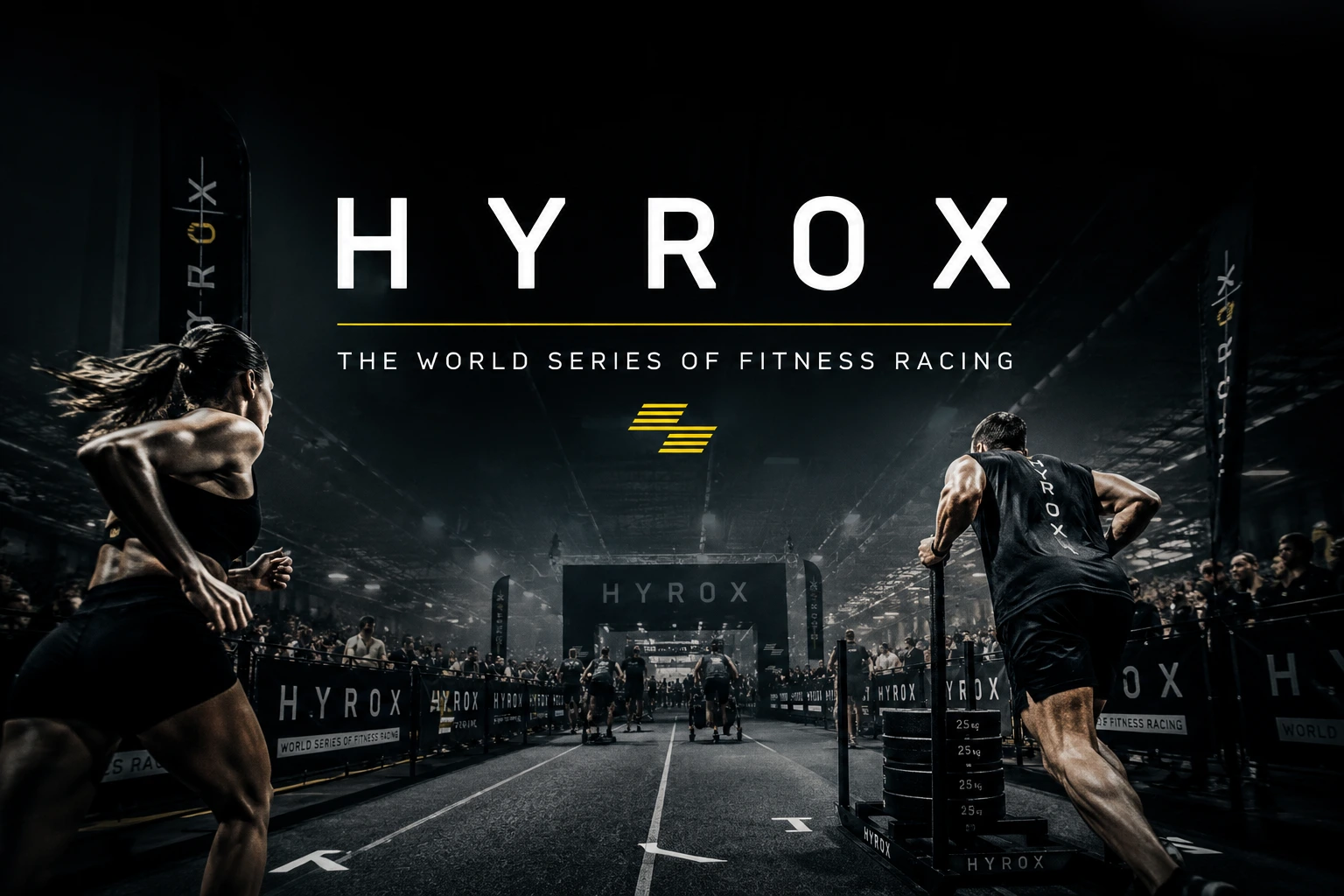 2 Hyrox Teilnehmer mit Hyrox als Text in dem Bild