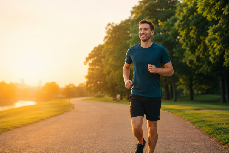 Laufanfänger joggt entspannt im Park bei Sonnenaufgang.