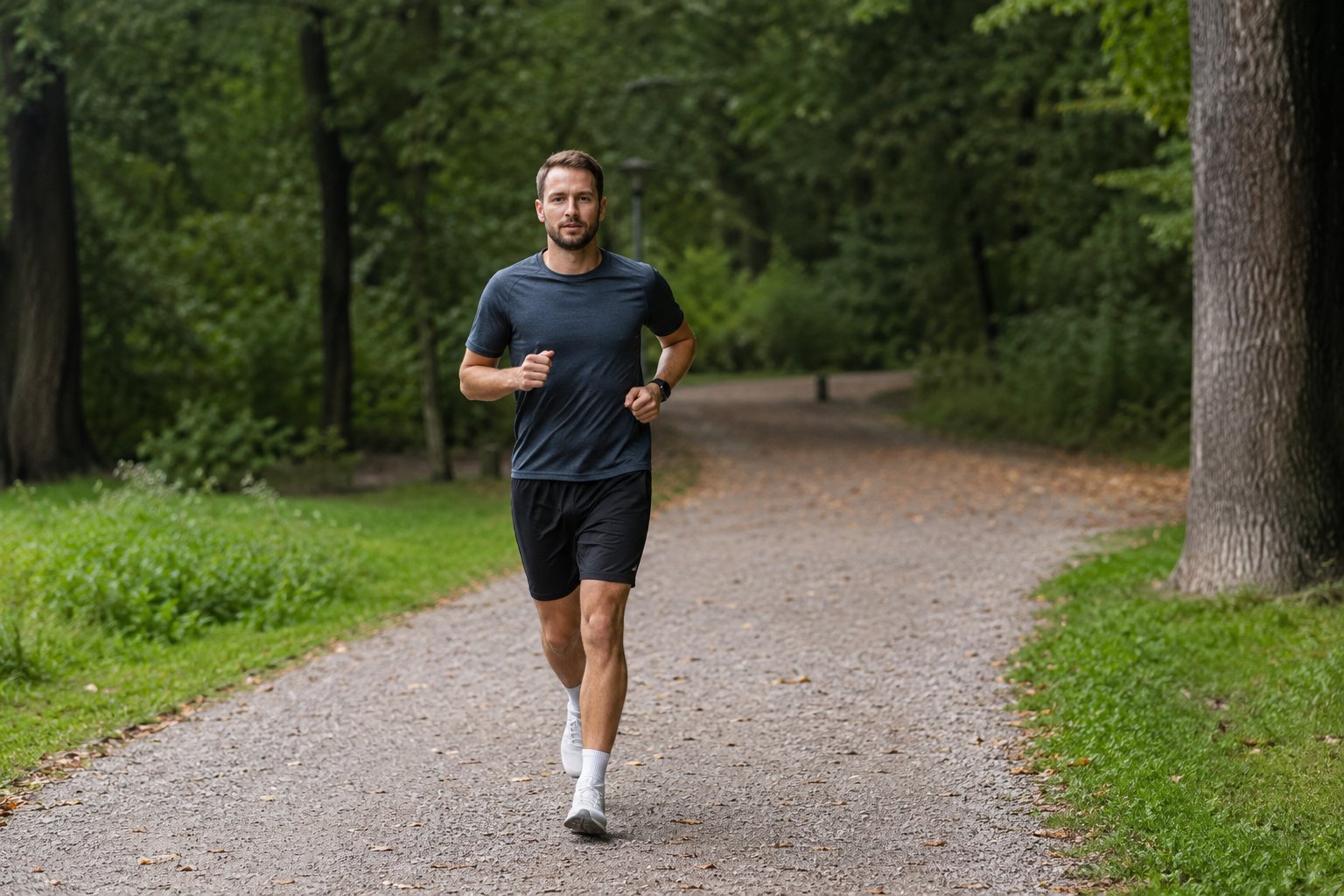Person beim lockeren Joggen auf einem Waldweg während eines Zone-2-Ausdauertrainings.