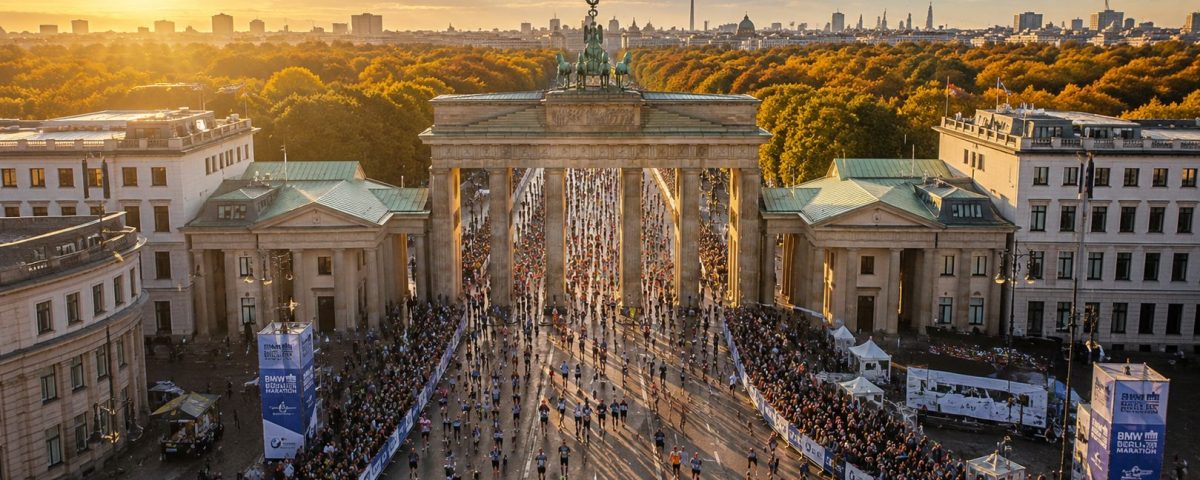Läuferinnen und Läufer passieren das Brandenburger Tor beim Berlin-Marathon an einem goldenen Herbstmorgen. Die Luftaufnahme zeigt tausende Teilnehmende, eine begeisterte Zuschauermenge und die Berliner Skyline im warmen Sonnenlicht.