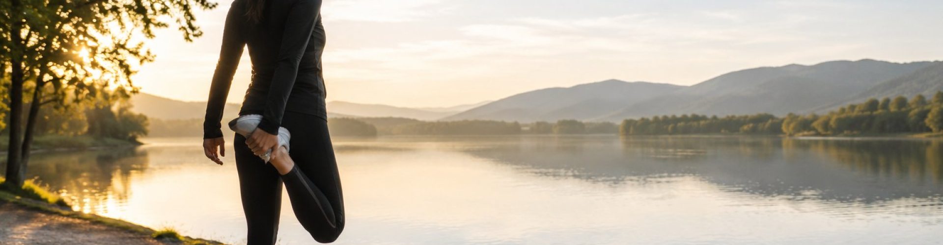 eine Frau wärmt sich an einem See auf